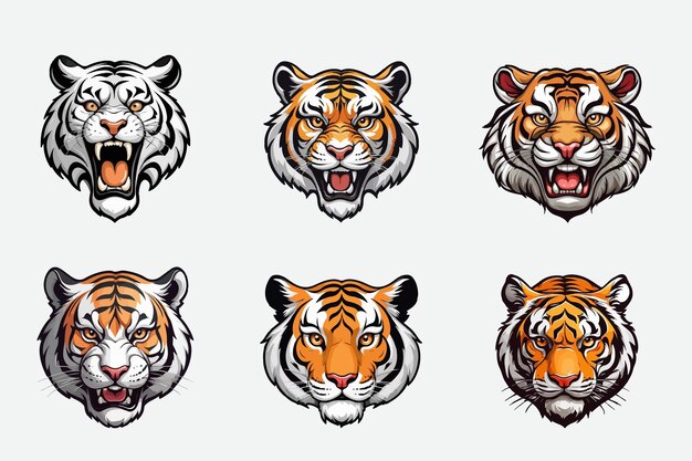 Vector vector a set of pictures of tigers head with their mouth open