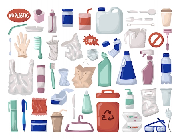 Vector set - plastic trash or waste, plastic recycling conteiner