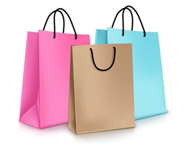 Vector Set of Realistic Colorful Empty Shopping Bags for Promotion Isolated in White Background.