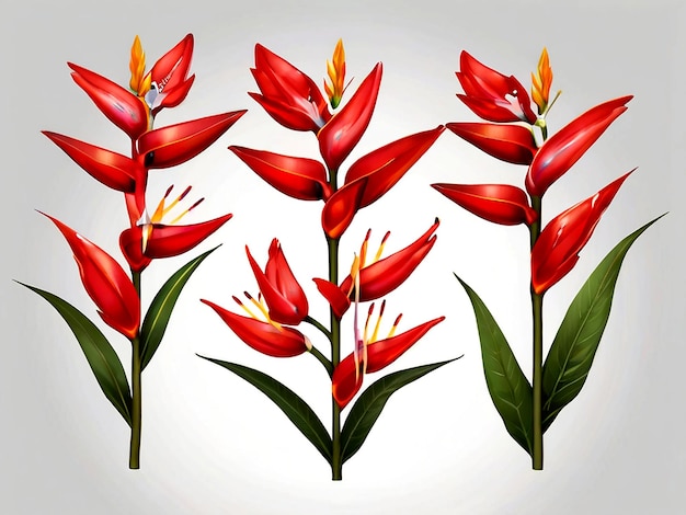 Vector vector set of red heliconia blooming flowers illustration isolated