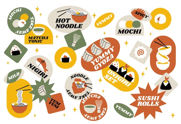 Vector vector set of retro fast food stickers for asian cafe colorful patch badges with japanese food