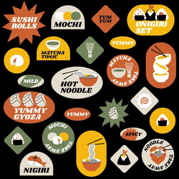 Vector set of retro fast food stickers for Asian cafe Colorful patch badges with Japanese food