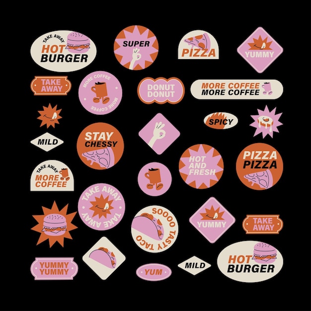 Vector set of retro fast food stickers Colorful patch badges for junk food cafe