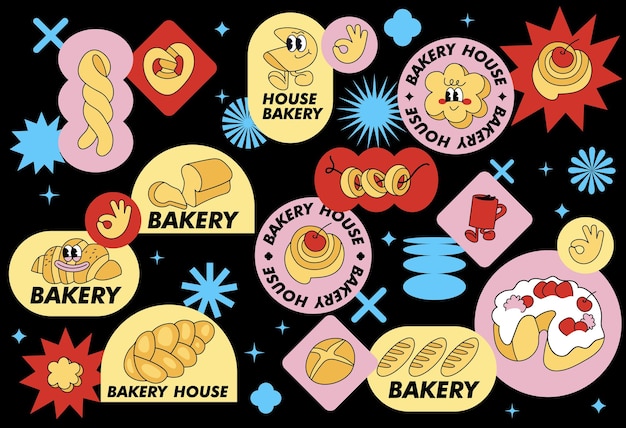 Vector set in retro style fbakery shop stickers Colorful patch badges for bakery cafe