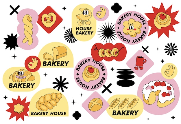 Vector set in retro style fbakery shop stickers Colorful patch badges for bakery cafe