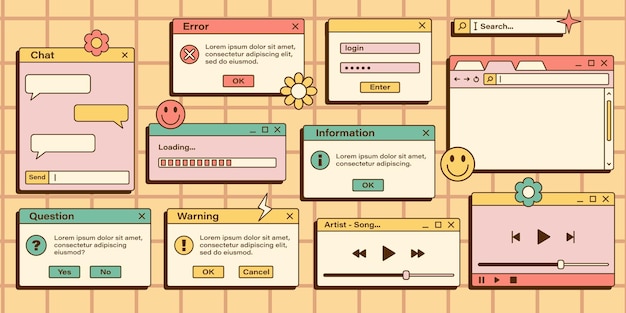 Vector set of retro vaporwave computer interface Vintage browser and dialog window templates Vector illustration of nostalgic UI and UX
