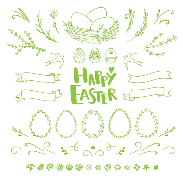 Vector vector set of rustic floral elements for spring and easter decorations beautiful green flourishes