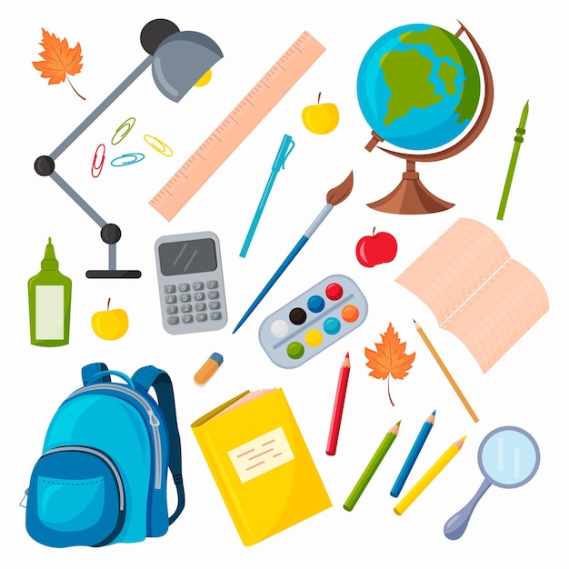 Vector Set of school supplies. Globe, Backpack, Pencils, pens, paper clips, Calculator