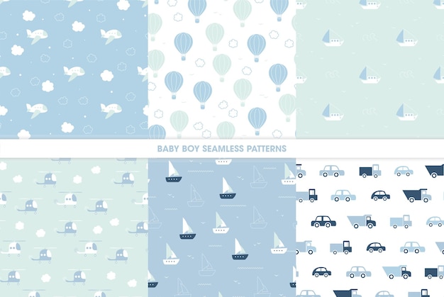 Vector set of seamless patterns for baby boys in blue tones