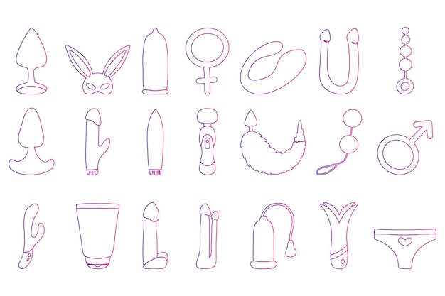 Vector set of sex toys icons. Sex shop icons set. Cute bright icons for an adult store. Vector illustration