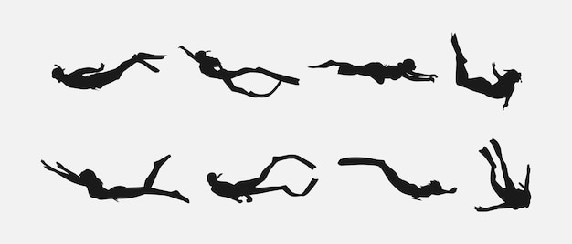 Vector set silhouette of Snorkeling free diving Swimming extreme sport Isolated background