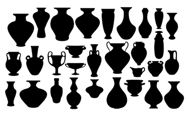 Vector set silhouettes of ancient amphorae and vases Greece icon collection Isolated