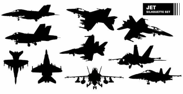 vector set of silhouettes of jet warfare vehicles