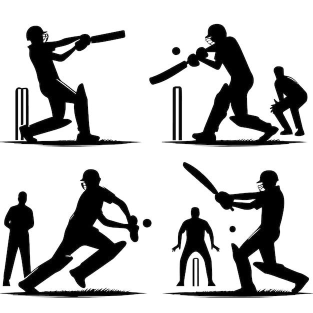 Vector vector set of silhouettes of people playing cricket in a simple style