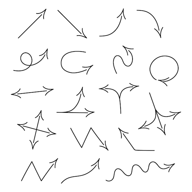 vector set of simple black hand drawn arrows in different directions and shapes with a thin line