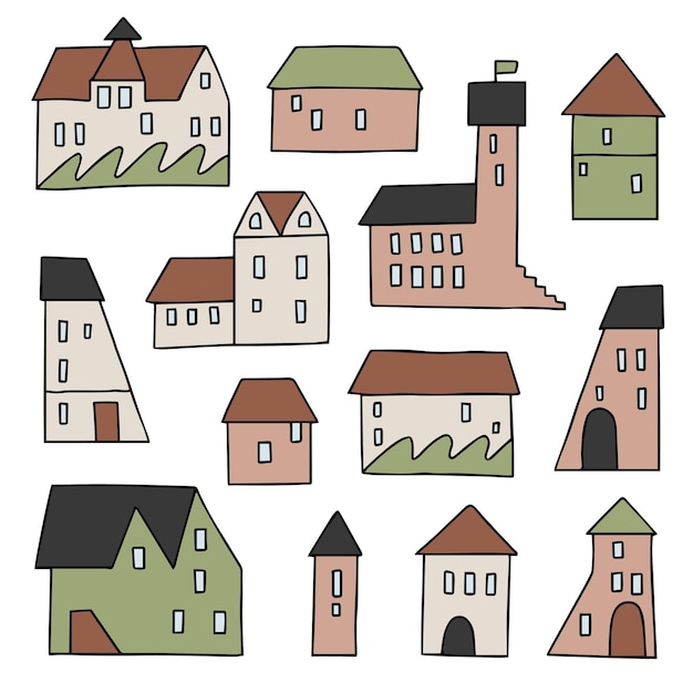 Vector set of simple cute hand drawn houses. Vector doodle illustartion.