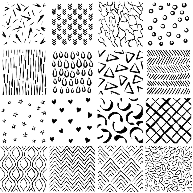 Vector set of sixteen geometric patterns Modern stylish textures Repeating backgrounds Vector illustration