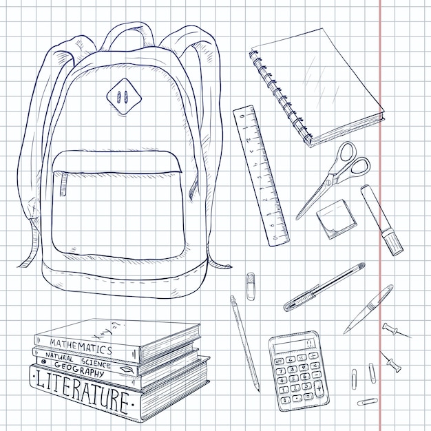 Vector Set of Sketch Backpack and School Supplies