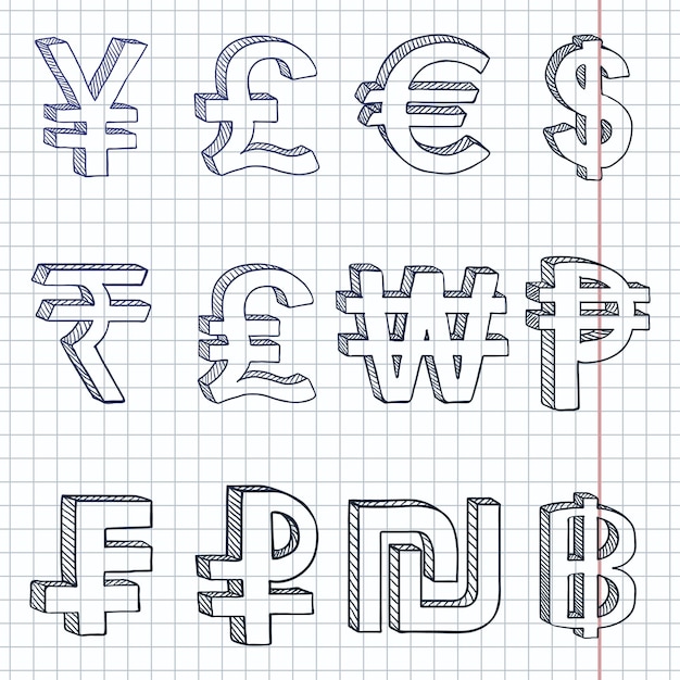 Vector Set of Sketch Modern Currency Symbols