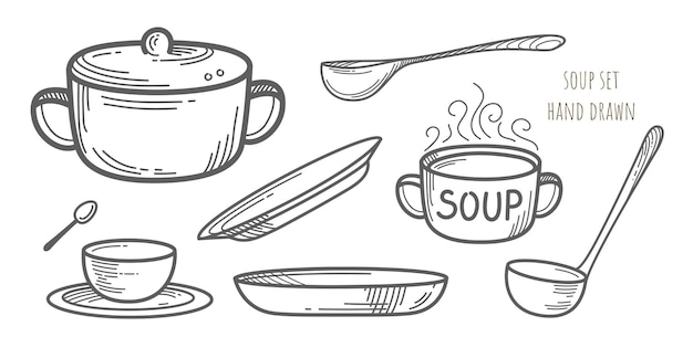 Vector set of soup utensils elements. Kitchen icons. Cooking food.