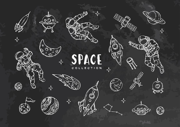 Vector set of space and astronomy elements isolated on chalckboard