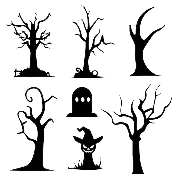 Vector set of spooky Halloween tree