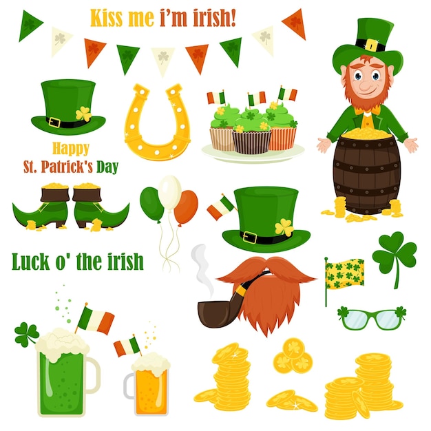 Vector set for St Patricks Day in cartoon style Shamrock leprechaun with gold