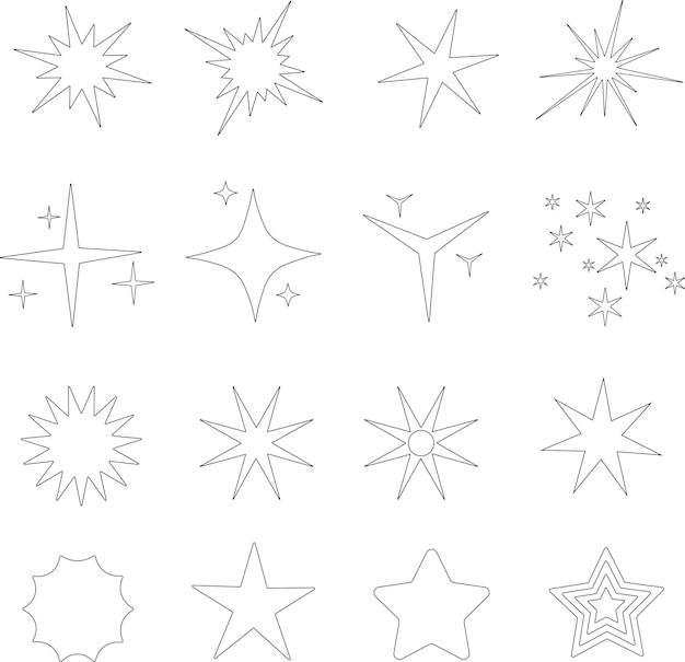 Vector set of stars icon Lineal stars on a white background Space object spark flash light