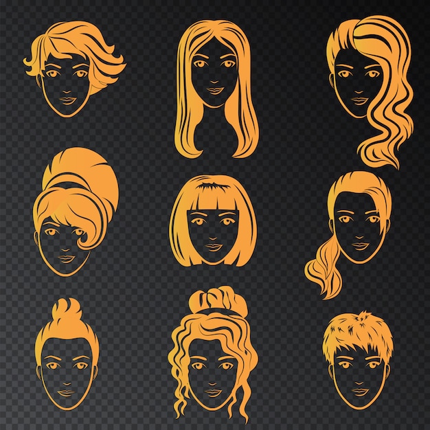 Vector set of stylized beautiful women hairstyles. Golden fashion stylish collection of fashionable hairstyle.