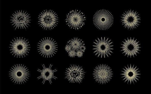 Vector vector set of sunburst fireworks blast explosion flash patterns etc on a black background