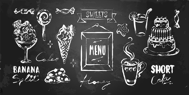 Vector set of sweets and desserts menu elements on blackboard by chalk