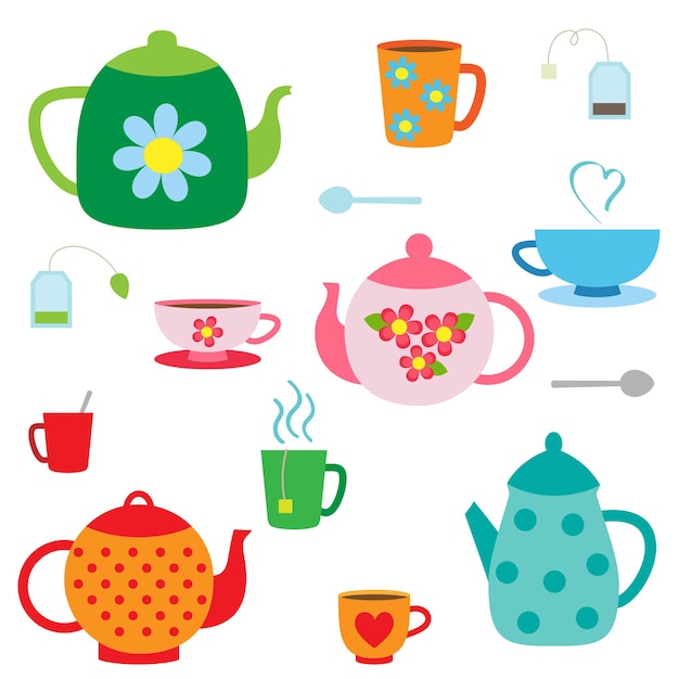 Vector set of tea pots and cups