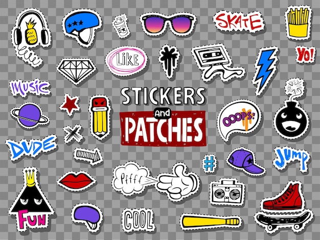 Vector set of teens stickers in doodle style