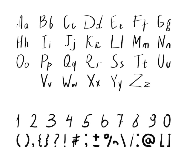 Vector set of textured and grunge letters, numbers and punctuation marks for your font. Alphabet with exclamation and question mark, plus, minus, colon, point, comma and other signs. Handwritten ABC.