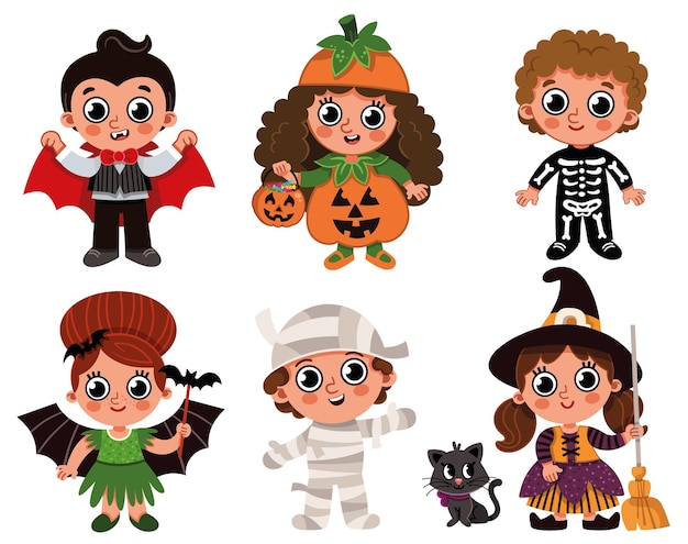 Vector set of three boys and three girls dressed in Halloween costumes