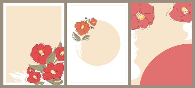 Vector set of three templates for greeting cards. Red japanese camellia on a beige background hand-drawn. Cards for congratulations, invitations, celebrations.