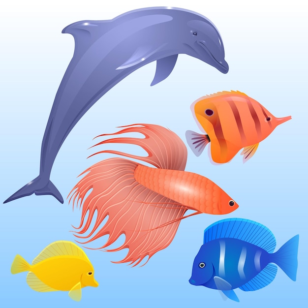 Vector set of tropical fish dolphins and fishrooster for your creativity