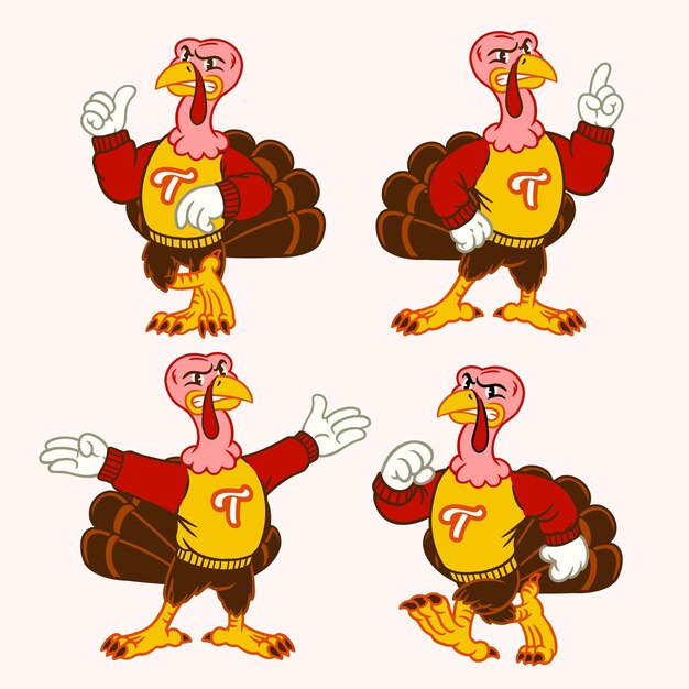 Vector Set of Turkey Sport Mascot in Vintage Retro Hand Drawn Style