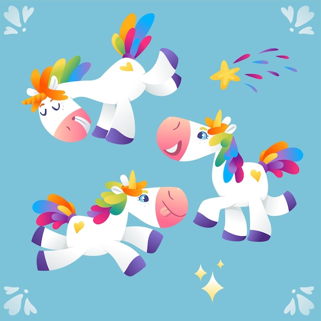 Vector set of unicorns with rainbow mane in different poses