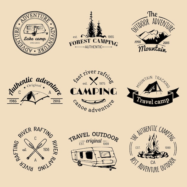 Vector set of vintage camping logos. Retro signs collection of outdoor adventures. Tourist sketches for emblems or badges.