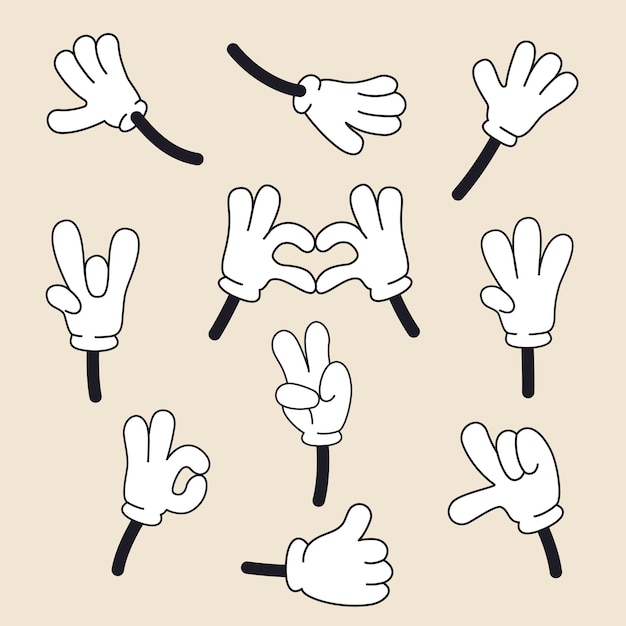 Vector vector set vintage cartoon hands in gloves cute animation character body parts comics arm gestures