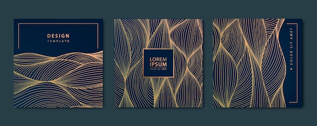 Vector set of wavy luxury line cards golden dynamic square backgrounds posts design template Art deco abstract patterns texture for print fabric packaging design