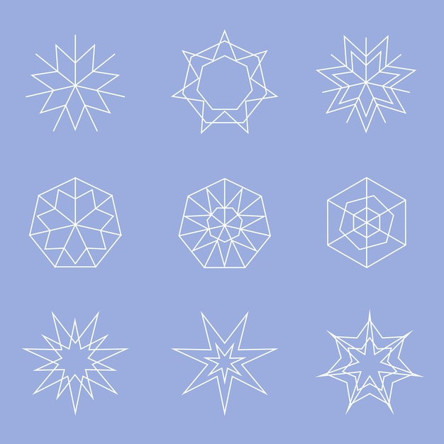 vector set of white geometric figures, snowflakes, kaleidoscope ornament, stars, spider web