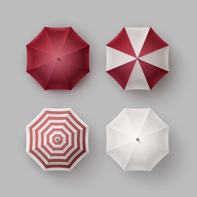 Vector Set of White Red Vinous Striped Blank Classic Opened Round Rain Umbrella Parasol