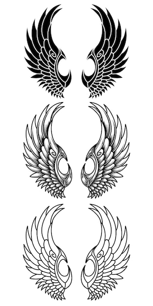 vector set of wings or angel wings tribal tattoo vintage outline and line art