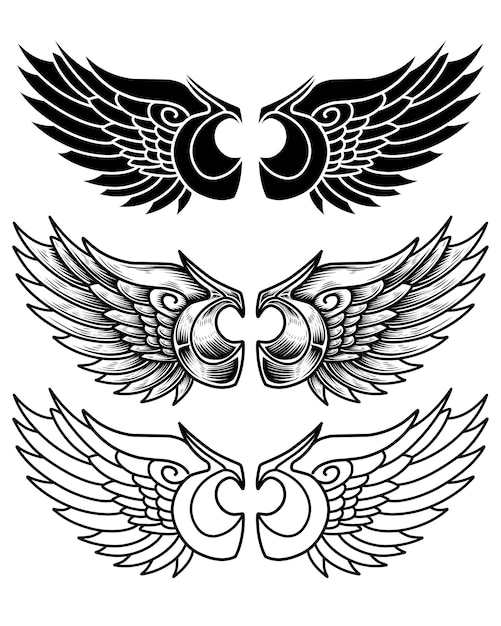 vector set of wings or angel wings tribal tattoo vintage outline and line art