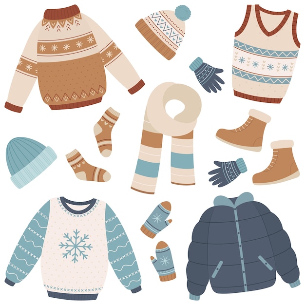 Vector set of winter clothes Sweaters socks hat mittens scarf boots jacket