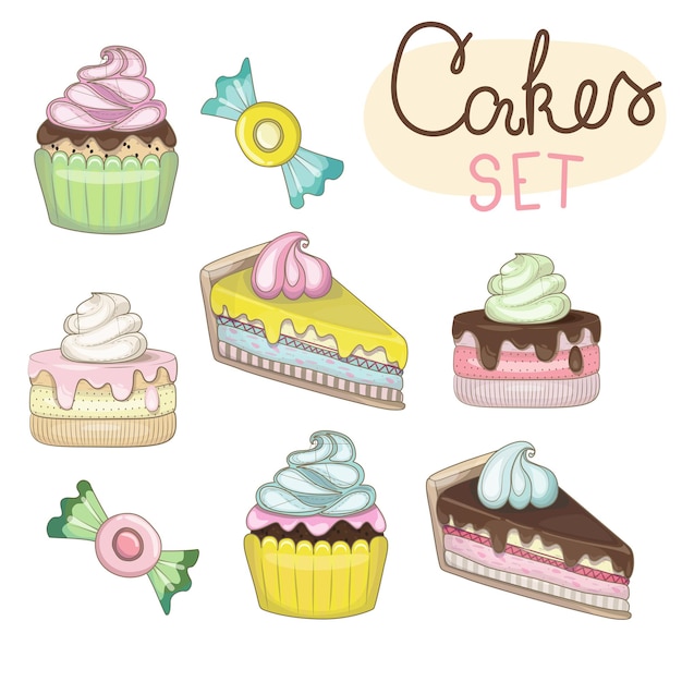 Vector set with cakes, cupcakes and sweets in a hand drawn style