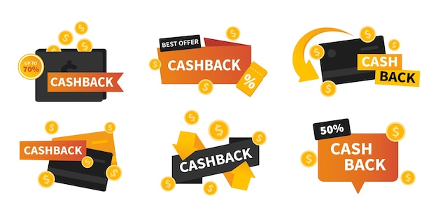 Vector set with cashback labels Business cash back icon collection Return of money from purchases Modern cashback banners