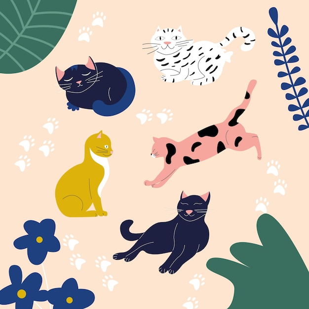 Vector set with cats of different breeds and colors. Cards with cats, paws and pads in flowers.